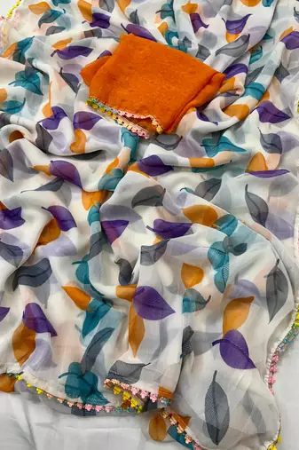 Orange Color Printed Work Chiffon Saree