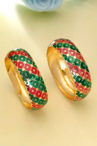 Green & rani color hand painted meenakari bangle pair