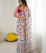 Rani Pink Color Printed Work Chiffon Saree