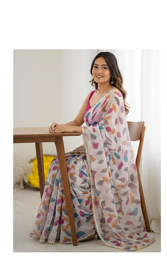 Rani Pink Color Printed Work Chiffon Saree 3