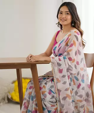 Rani Pink Color Printed Work Chiffon Saree