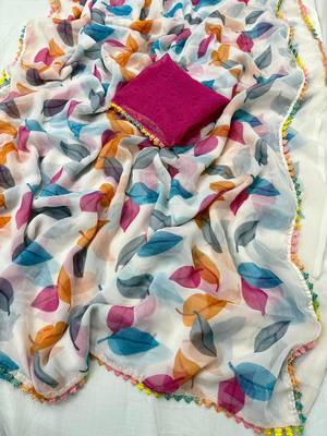 Rani Pink Color Printed Work Chiffon Saree 4