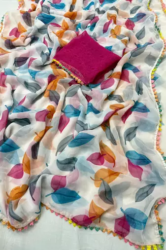 Rani Pink Color Printed Work Chiffon Saree