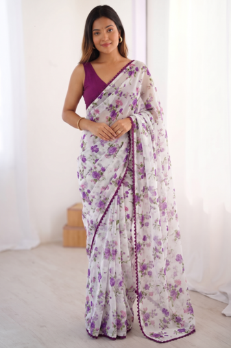 Purple Color Printed Work Chiffon Saree