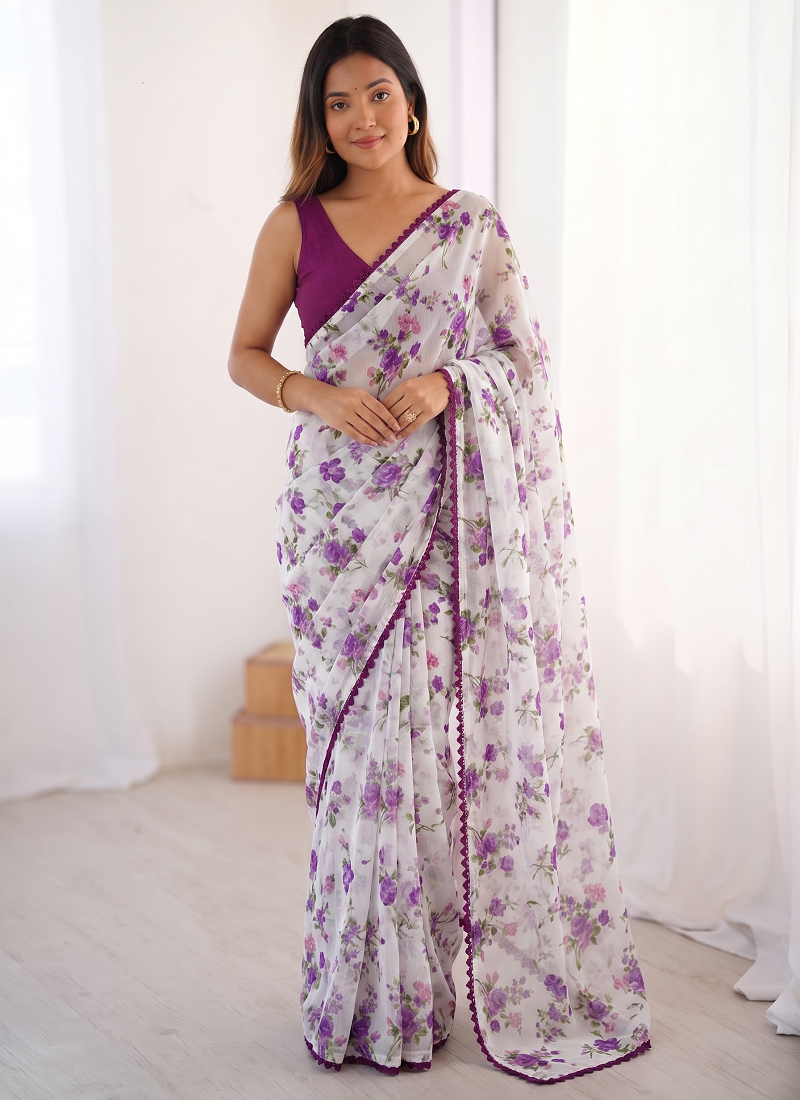 Purple Color Printed Work Chiffon Saree