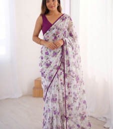 Purple Color Printed Work Chiffon Saree