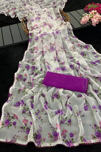 Purple Color Printed Work Chiffon Saree