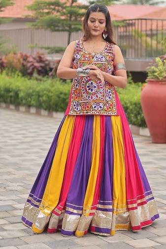 Multicolor Gamathi Mirror Work Pure Cotton Navratri Lehenga Choli with Blouse