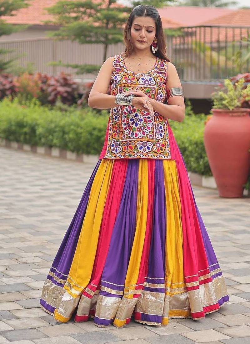 Multicolor Gamathi Mirror Work Pure Cotton Navratri Lehenga Choli with Blouse