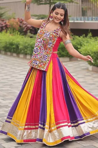 Multicolor Gamathi Mirror Work Pure Cotton Navratri Lehenga Choli with Blouse