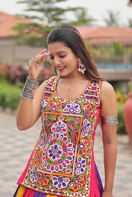 Multicolor Gamathi Mirror Work Pure Cotton Navratri Lehenga Choli with Blouse 4