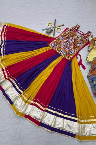 Multicolor Gamathi Mirror Work Pure Cotton Navratri Lehenga Choli with Blouse