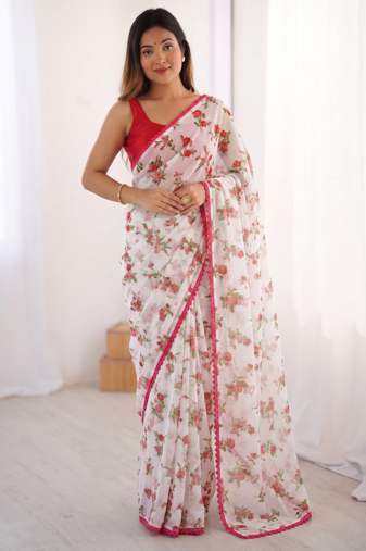 Red Color Printed Work Chiffon Saree