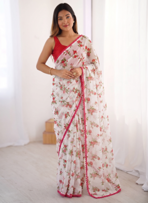 Red Color Printed Work Chiffon Saree 1