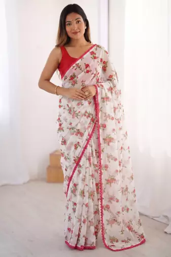 Red Color Printed Work Chiffon Saree