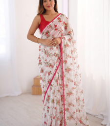 Red Color Printed Work Chiffon Saree