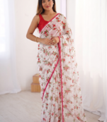 Red Color Printed Work Chiffon Saree