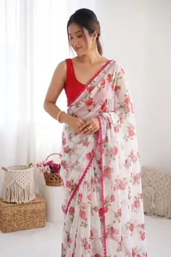 Red Color Printed Work Chiffon Saree