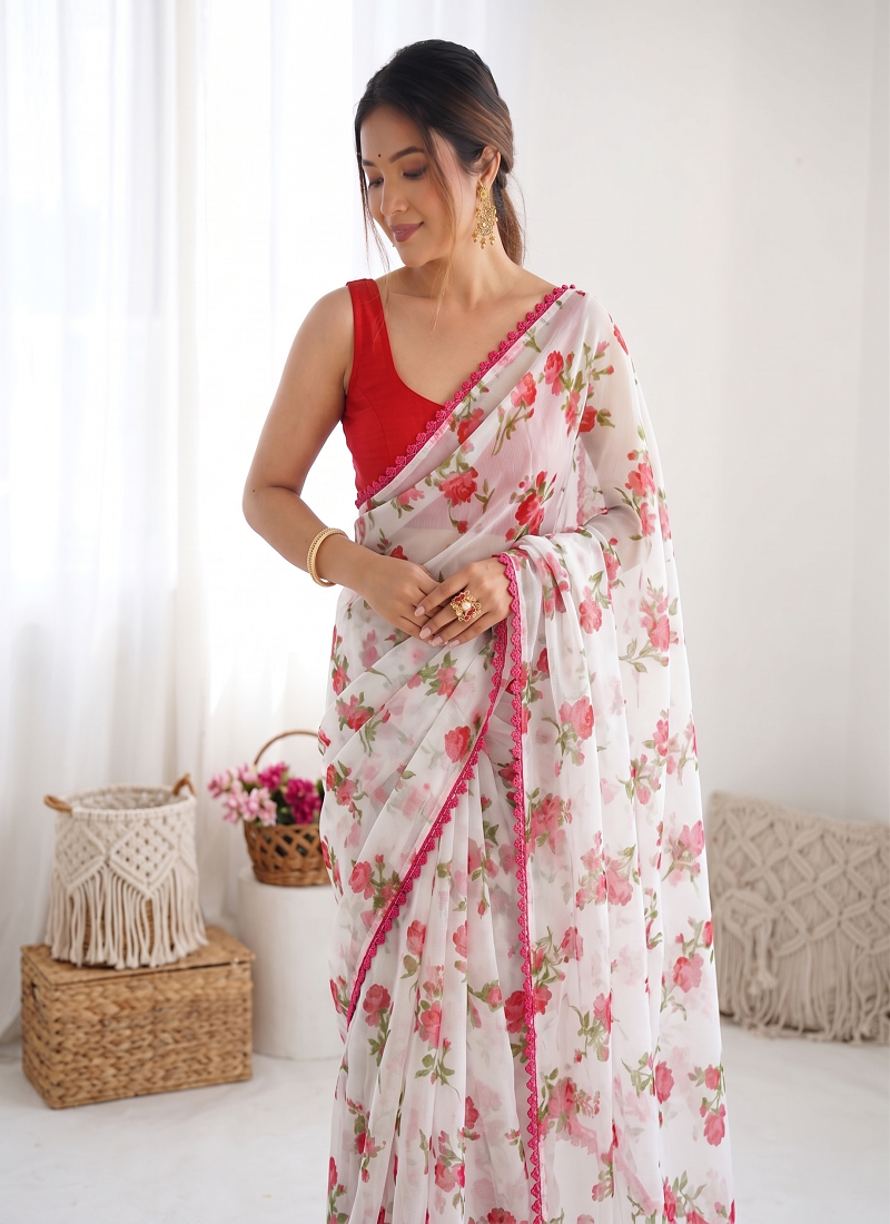 Red Color Printed Work Chiffon Saree