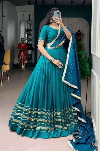 Teal Blue Mirror, Kodi & Pearl Work Chanderi Festive Lehenga Choli with Dupatta