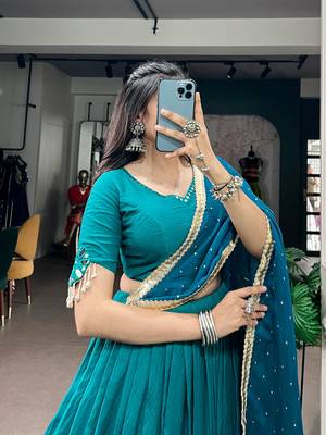 Teal Blue Mirror, Kodi & Pearl Work Chanderi Festive Lehenga Choli with Dupatta 4