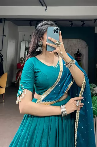 Teal Blue Mirror, Kodi & Pearl Work Chanderi Festive Lehenga Choli with Dupatta