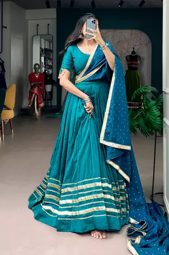 Teal Blue Mirror, Kodi & Pearl Work Chanderi Festive Lehenga Choli with Dupatta