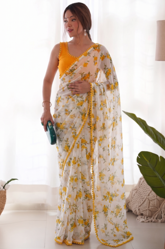 Yellow Color Printed Work Chiffon Saree