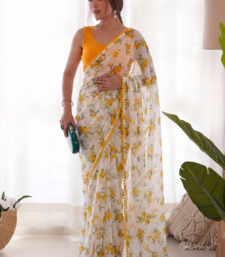 Yellow Color Printed Work Chiffon Saree