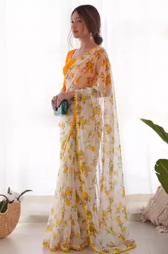 Yellow Color Printed Work Chiffon Saree