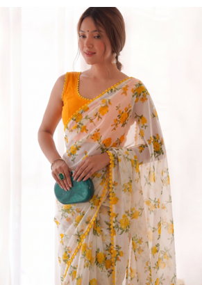 Yellow Color Printed Work Chiffon Saree 3