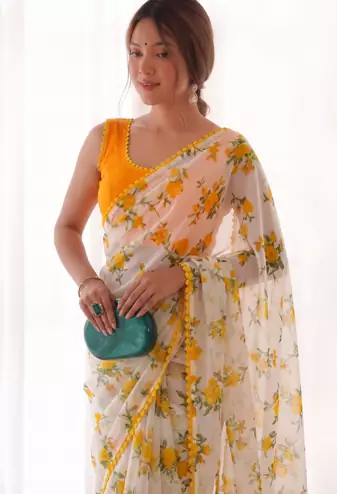 Yellow Color Printed Work Chiffon Saree