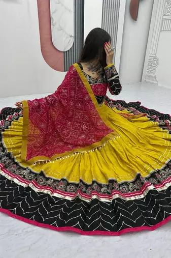 Mustard Yellow & Black Embroidery Thread & Sequence Work Rayon Cotton Navratri Lehenga Choli with Dupatta