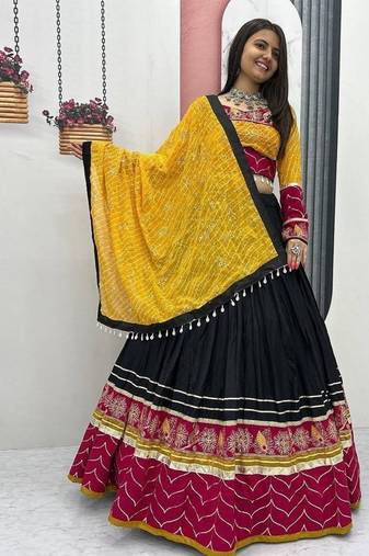 Black, Mustard Yellow & Rani Pink Embroidery Thread & Sequence Work Rayon Cotton Navratri Lehenga Choli with Dupatta