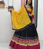 Black, Mustard Yellow & Rani Pink Embroidery Thread & Sequence Work Rayon Cotton Navratri Lehenga Choli with Dupatta