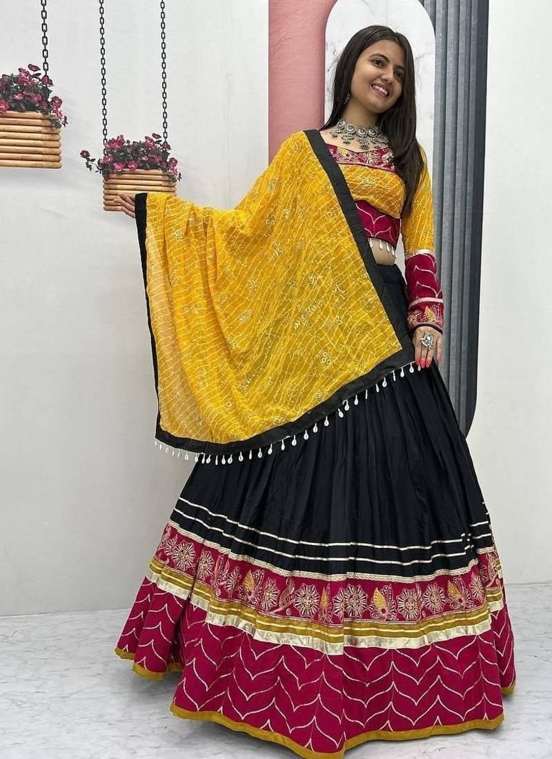 Black, Mustard Yellow & Rani Pink Embroidery Thread & Sequence Work Rayon Cotton Navratri Lehenga Choli with Dupatta