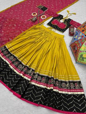 Mustard Yellow & Black Embroidery Thread & Sequence Work Rayon Cotton Navratri Lehenga Choli with Dupatta 5