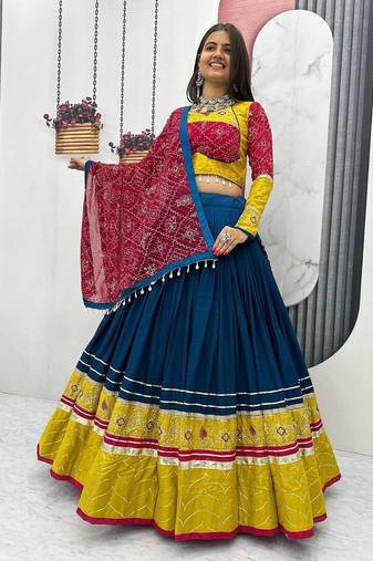 Navy Blue, Mustard Yellow & Rani Pink Embroidery Thread & Sequence Work Rayon Cotton Navratri Lehenga Choli with Dupatta