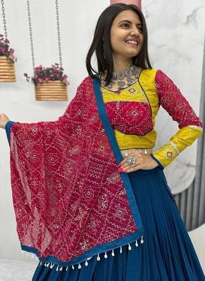 Navy Blue, Mustard Yellow & Rani Pink Embroidery Thread & Sequence Work Rayon Cotton Navratri Lehenga Choli with Dupatta 3