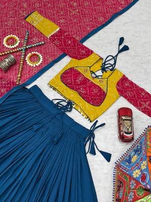 Navy Blue, Mustard Yellow & Rani Pink Embroidery Thread & Sequence Work Rayon Cotton Navratri Lehenga Choli with Dupatta 4