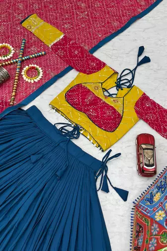 Navy Blue, Mustard Yellow & Rani Pink Embroidery Thread & Sequence Work Rayon Cotton Navratri Lehenga Choli with Dupatta