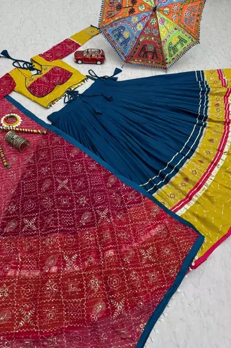 Navy Blue, Mustard Yellow & Rani Pink Embroidery Thread & Sequence Work Rayon Cotton Navratri Lehenga Choli with Dupatta
