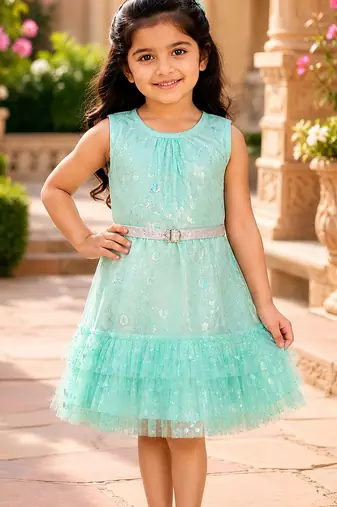 Girls Shimmer Tiered Sequinned Knit Fit & Flare Party Dress