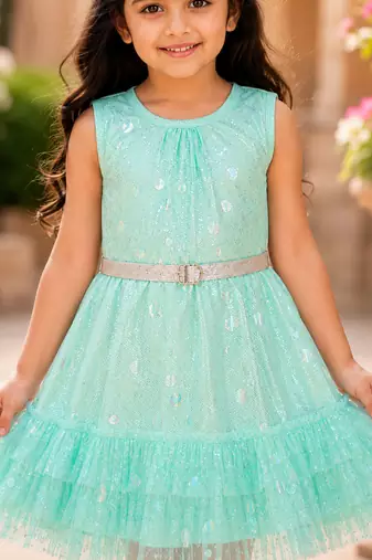Girls Shimmer Tiered Sequinned Knit Fit & Flare Party Dress