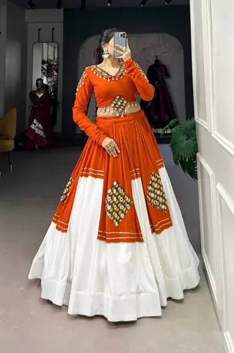 Orange & White Traditional Gamthi Patch Work Pure Rayon Navratri Lehenga Choli with Blouse
