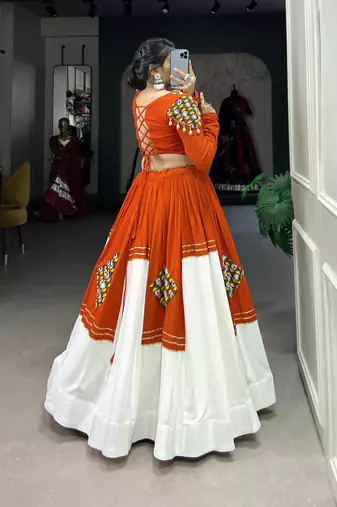Orange & White Traditional Gamthi Patch Work Pure Rayon Navratri Lehenga Choli with Blouse