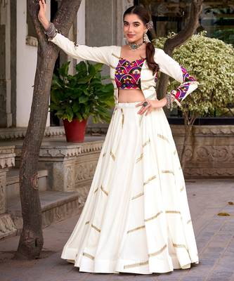 Off White Mirror Gamthi Work Pure Rayon Navratri Lehenga Choli with Blouse 1