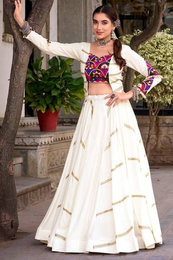 Off White Mirror Gamthi Work Pure Rayon Navratri Lehenga Choli with Blouse
