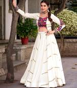 Off White Mirror Gamthi Work Pure Rayon Navratri Lehenga Choli with Blouse