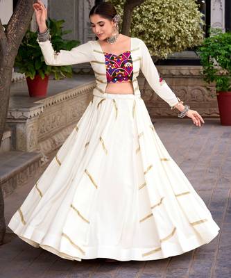 Off White Mirror Gamthi Work Pure Rayon Navratri Lehenga Choli with Blouse 2
